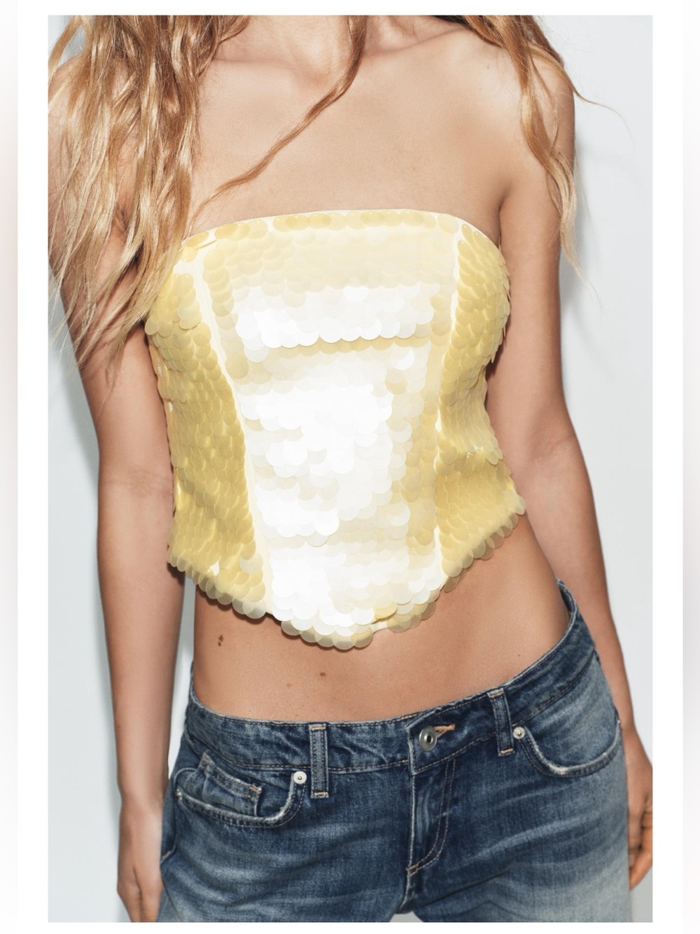 Zara Yellow Sequin Strapless Crop Top